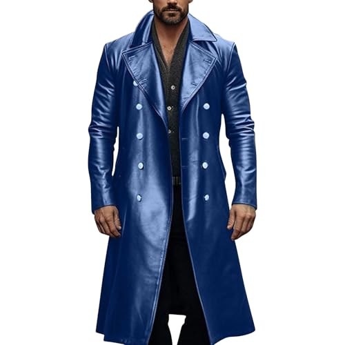 PETCDIM Men's Vintage Medieval PU Leather Long Trench Coats Notch